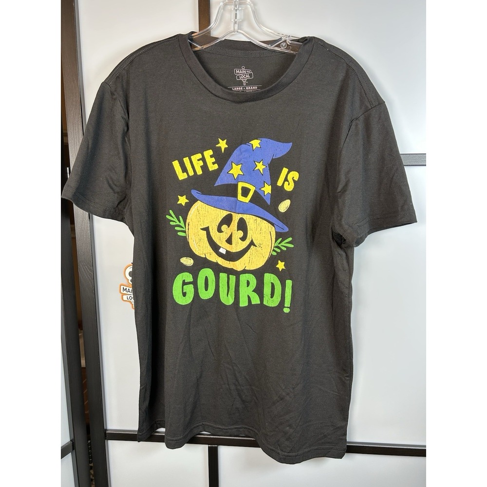 Life is Gourd TShirt Women's L Black Halloween‎ Pumpkin Man and Local New